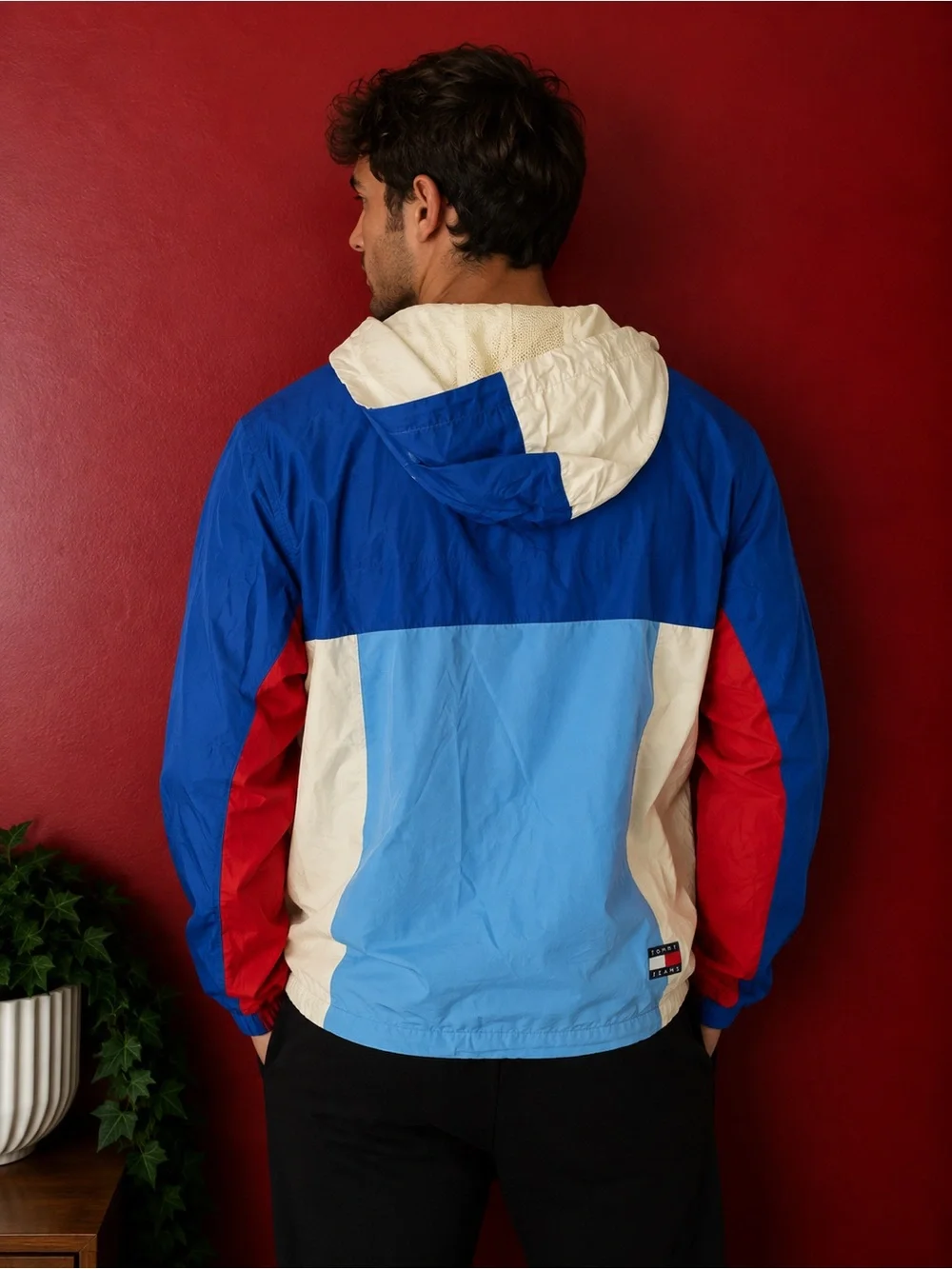 Tommy Jeans Colorblock Hooded Windbreaker Jacket Blue Red White Men’s Medium